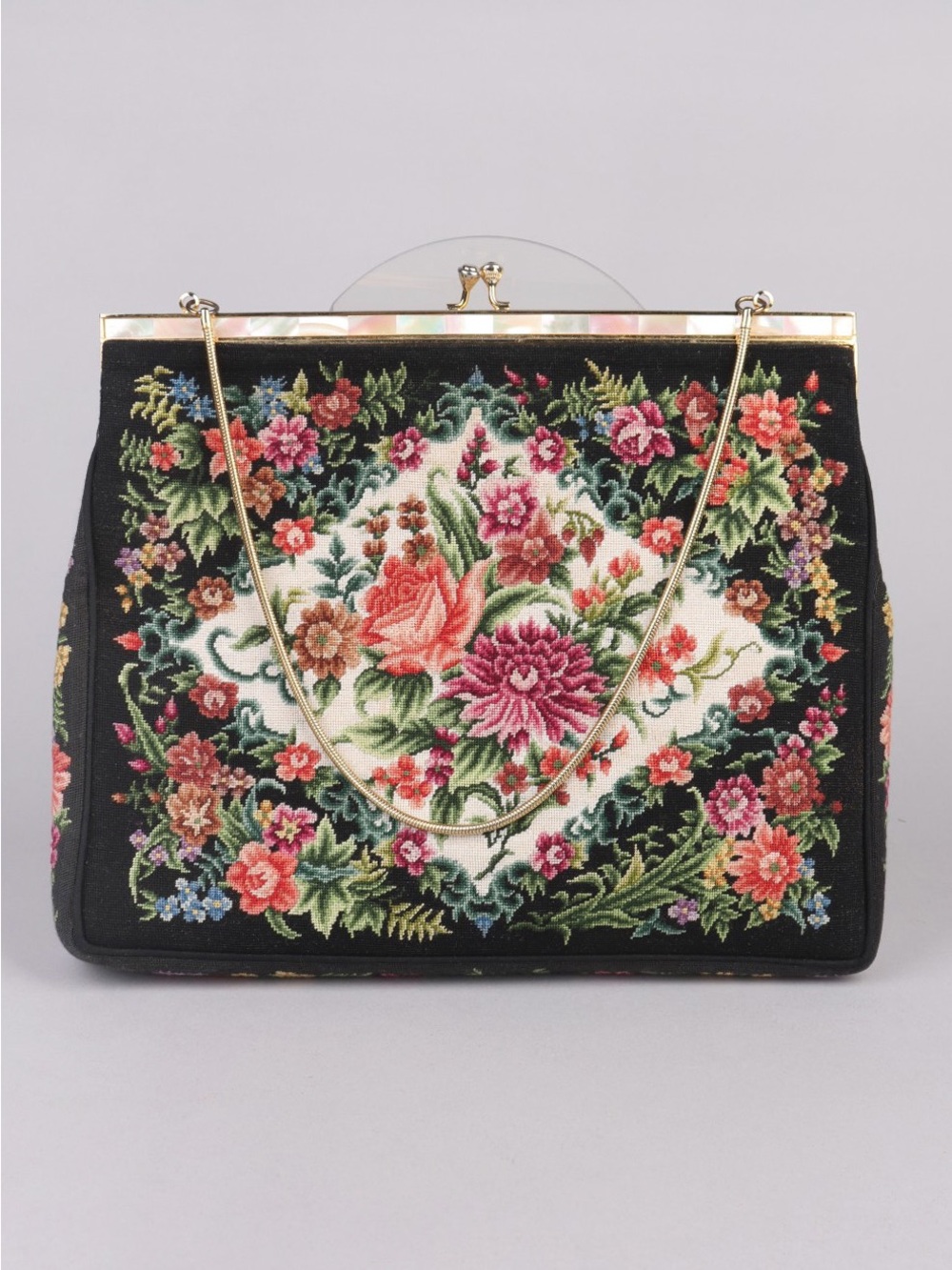 Vintage Floral Micro Needle Point Clasp Purse with Gold Hardware